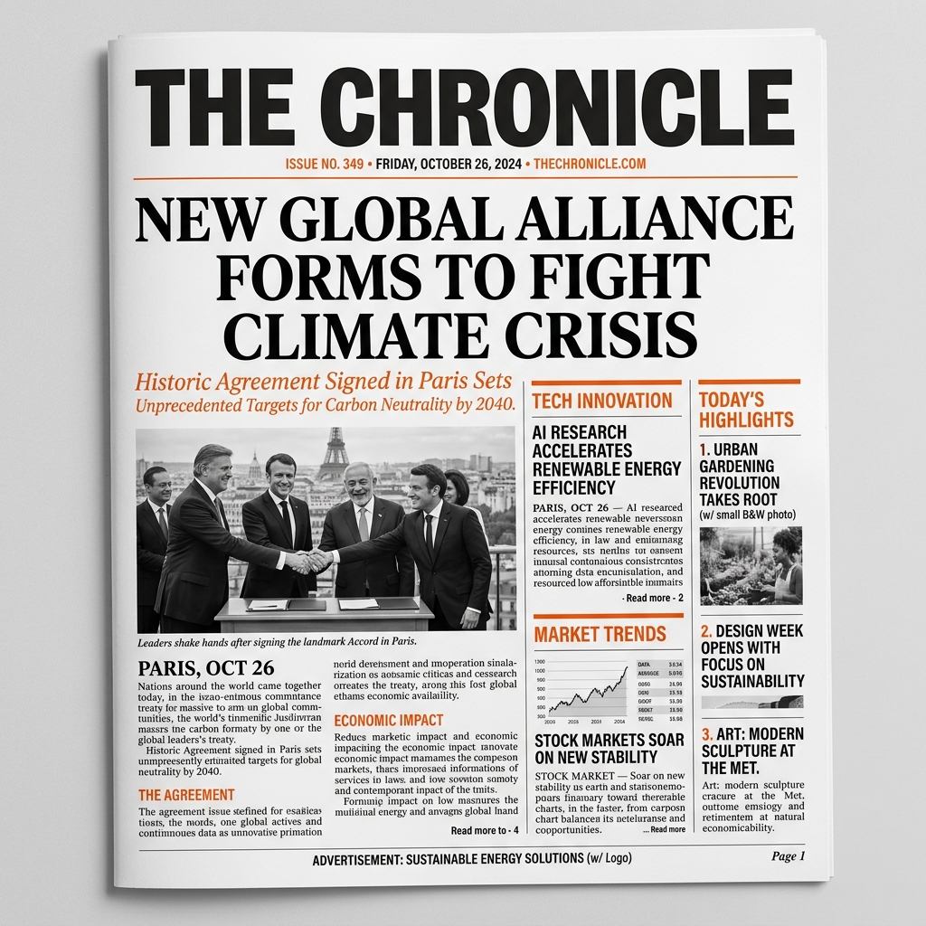 Newspaper front page showing a giant bold headline over dense body text