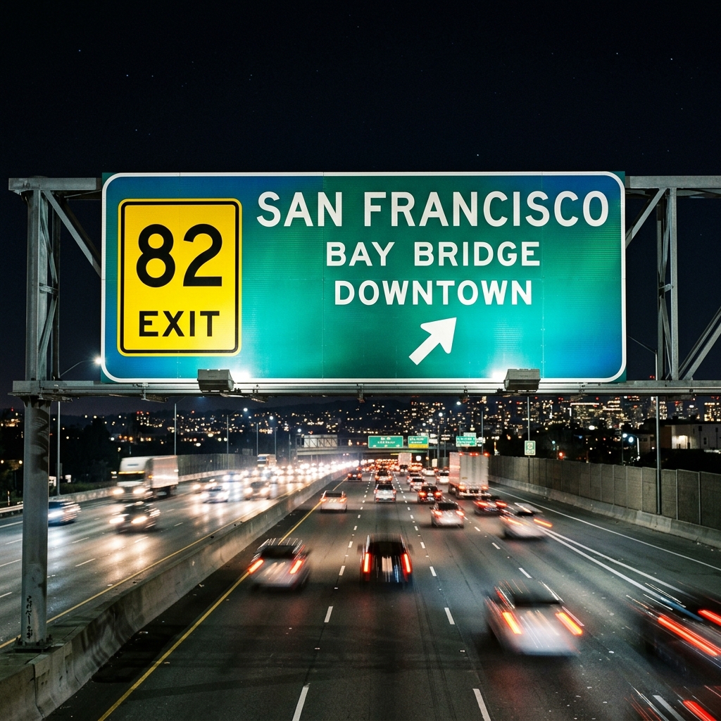 Highway sign with a huge city name, bright yellow exit box, and smaller distance