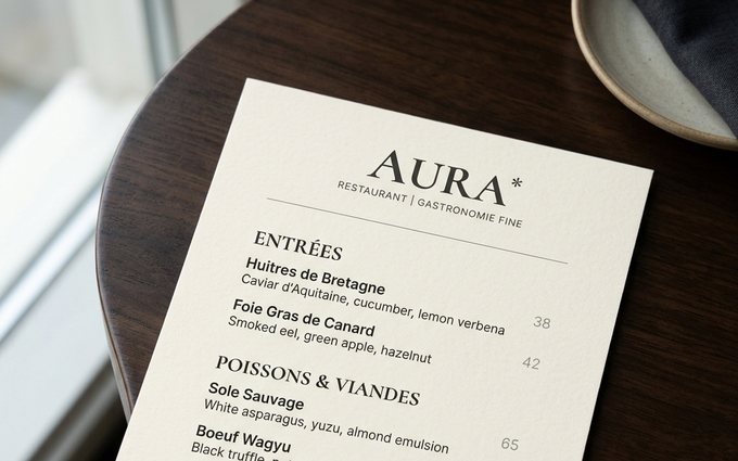 Restaurant menu — dish names bold, prices small and muted
