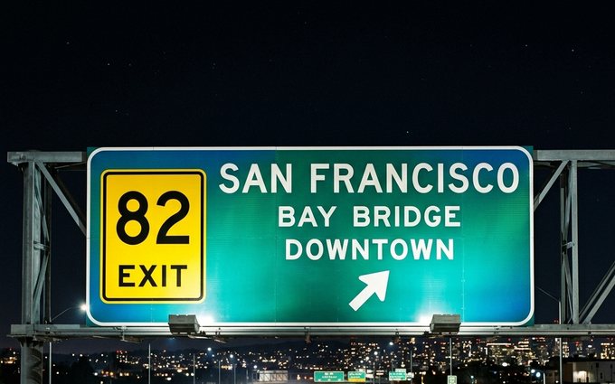 Highway exit sign — city name large, exit number in a bright box