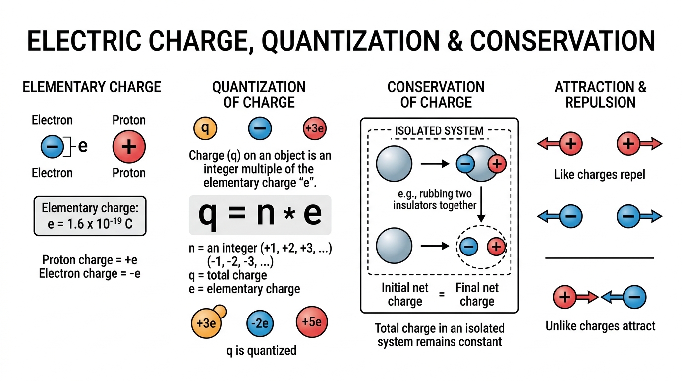 Fig 1.1 — Educational Diagram: Electric Charge, Quantization (q = n e) & Conservation