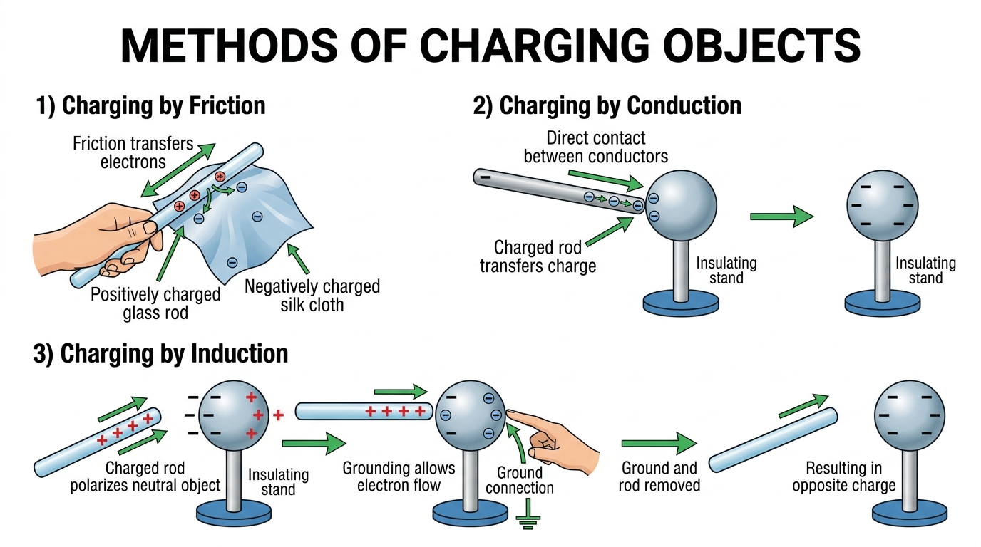 Fig 1.2 — Educational Diagram: Methods of Charging (Friction, Conduction, Induction)