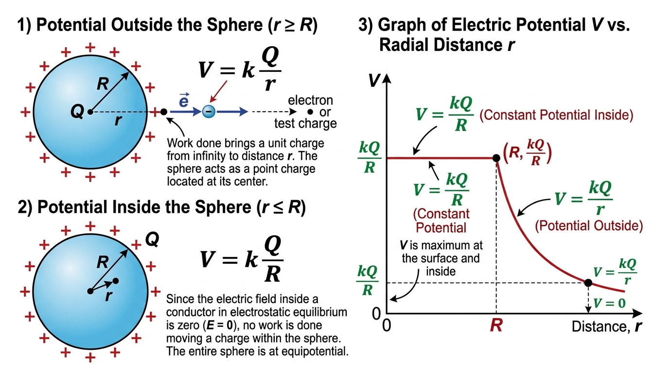 Fig 2.7 — Educational Diagram: Potential of Charged Spherical Conductor & V vs r Graph