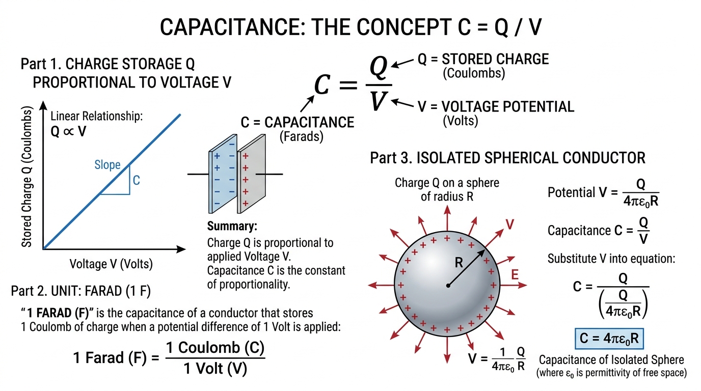 Fig 2.9 — Educational Diagram: Concept of Capacitance (C = Q / V) & Unit Farad