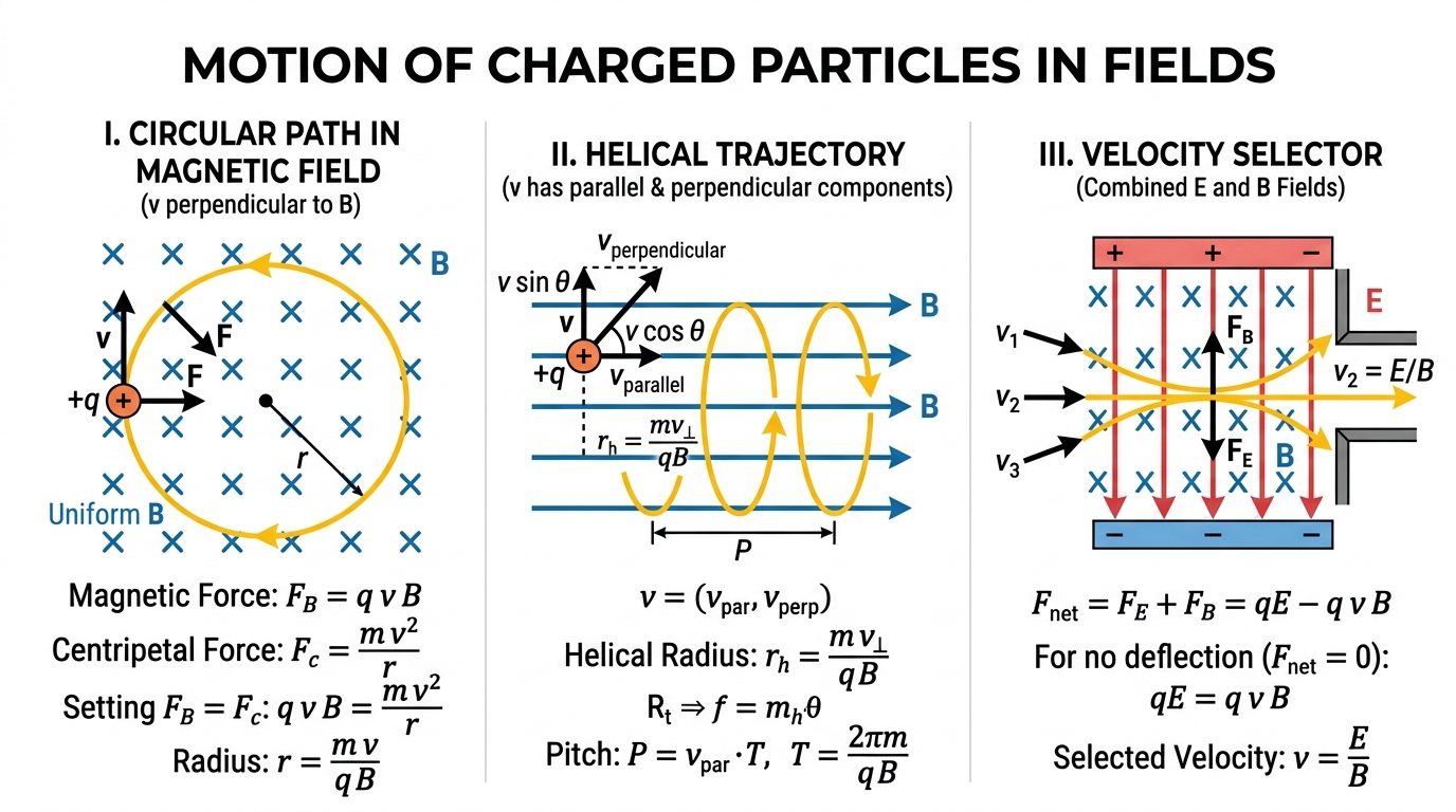 Fig 4.2 — Educational Diagram: Motion of charged particles in uniform magnetic and combined fields