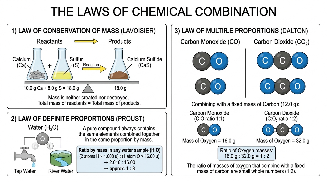 Fig 1.2 — Educational Diagram: Laws of Chemical Combination (Mass Balance & Constant Proportions)