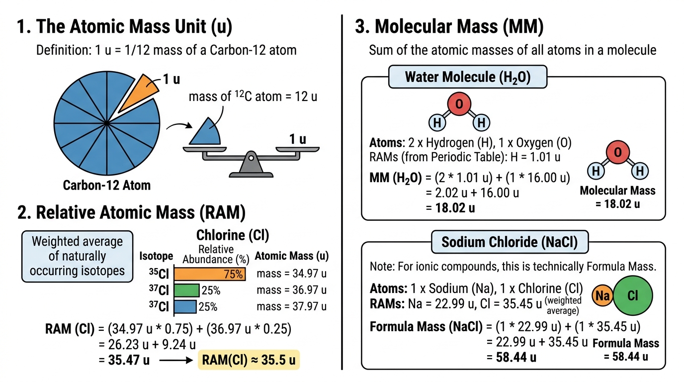 Fig 1.4 — Educational Diagram: Atomic & Molecular Masses (1 u = 1/12 Carbon-12 Mass)