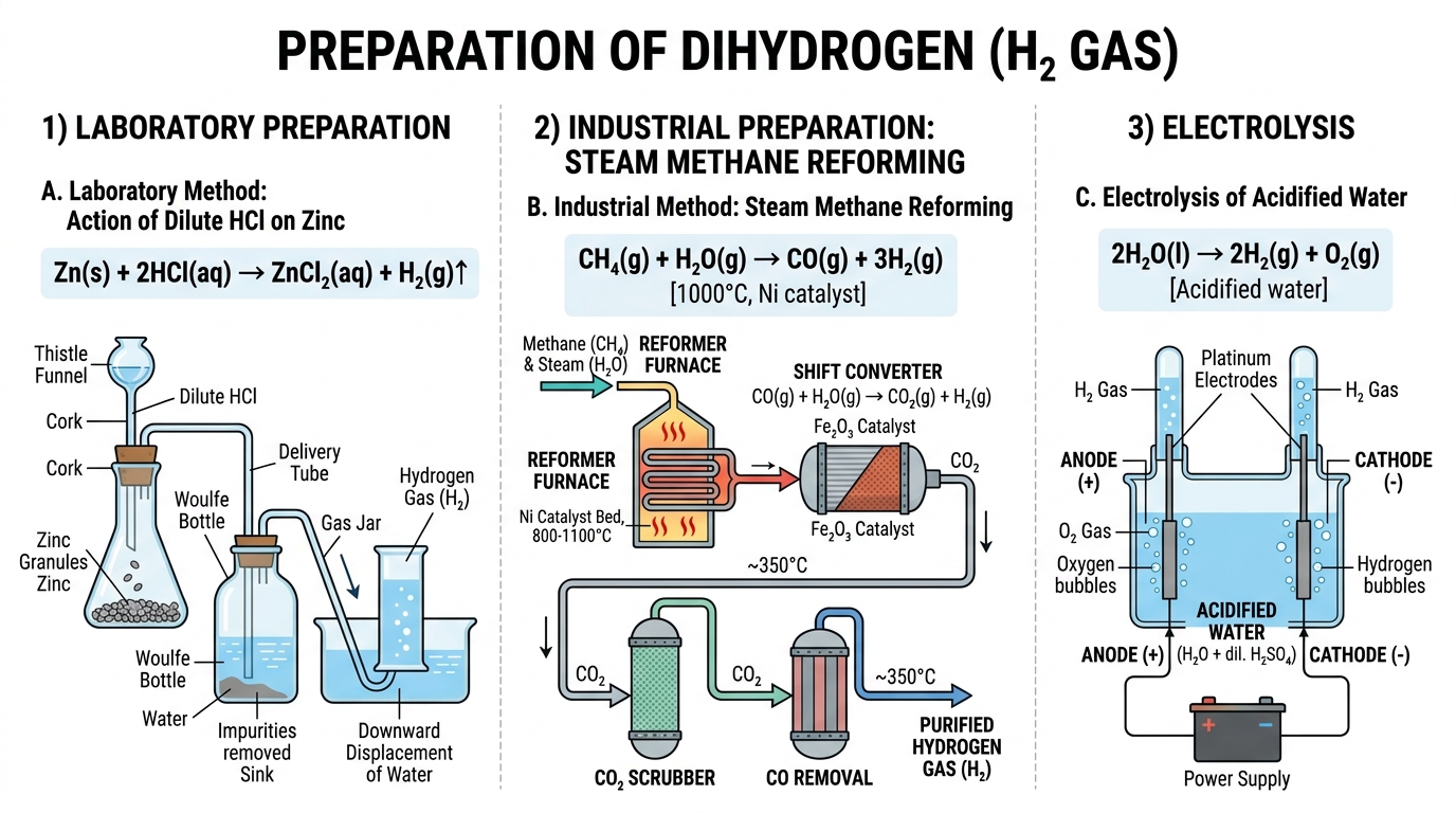 Fig 1.4 — Educational Diagram: Laboratory & Industrial Preparation of Dihydrogen