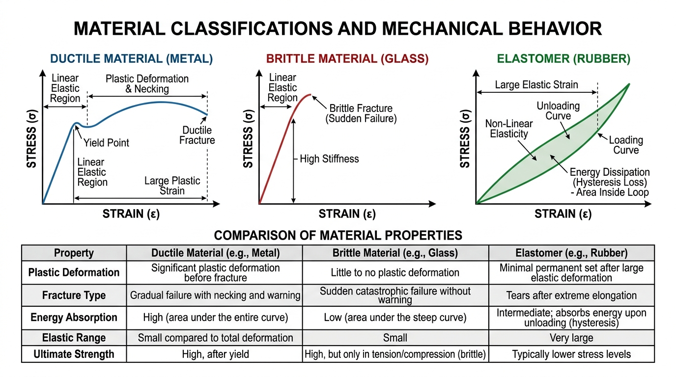 Fig 1.9 — Educational Diagram: Material Classifications (Ductile vs Brittle vs Elastomer Hysteresis)