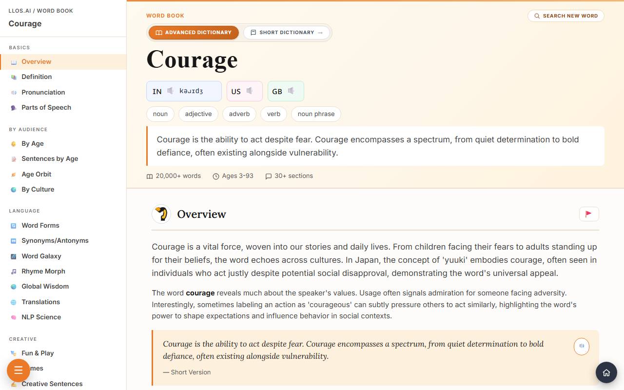 The entry for courage, at the top