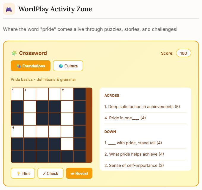 The WordPlay Activity Zone inside the entry for pride: a crossword, its clues, and a synonym slider