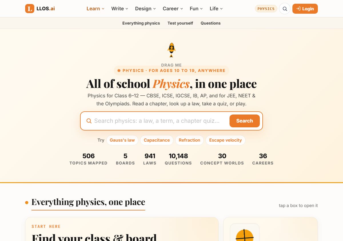 The Physics Hub, the opening screen